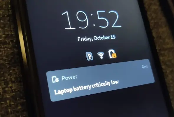Notification regarding critically low battery saying that the “Laptop” battery is low